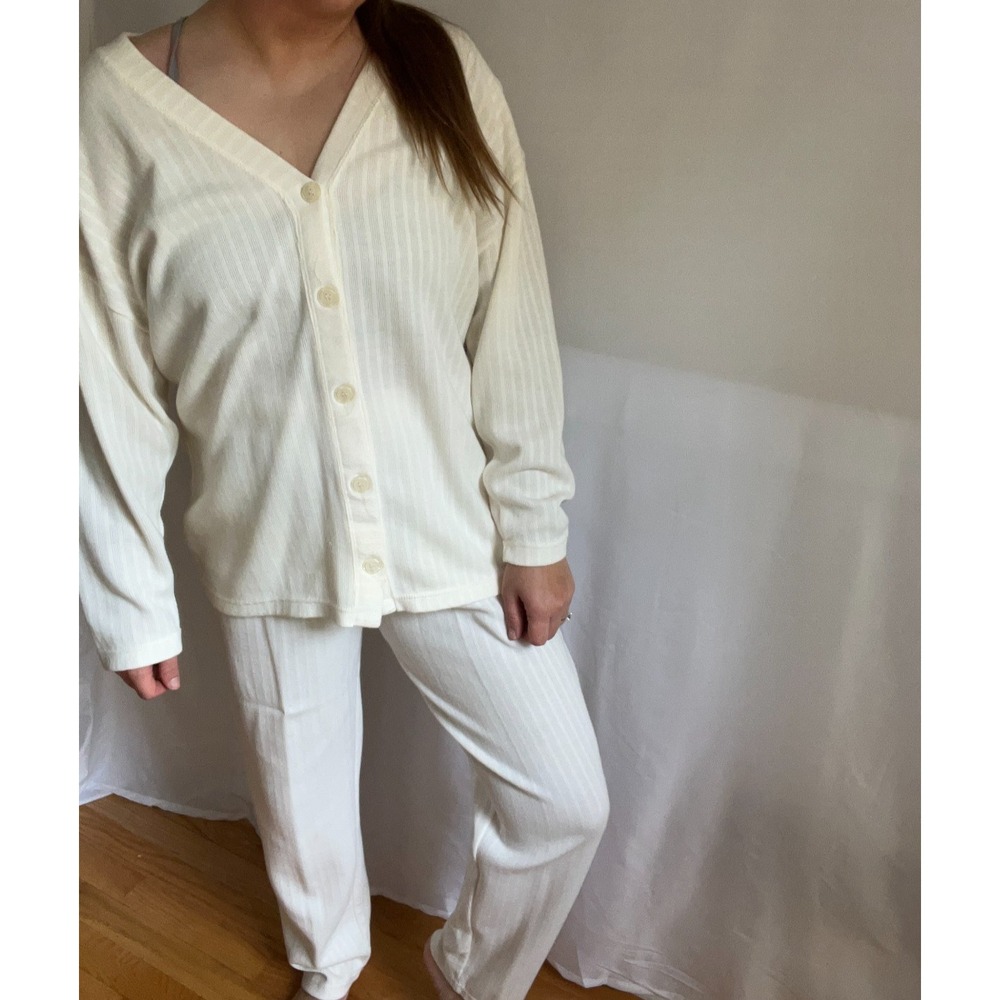 Vintage One Step up Set ‎ Womens Large Ribbed Cream Cardigan Cottage Minimal